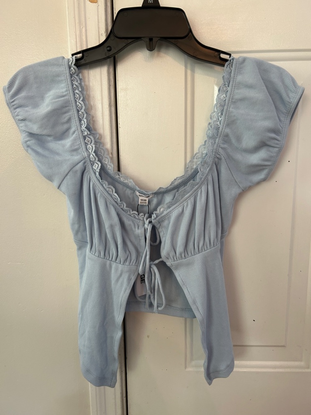Garage Pale Blue Lace-Trim Tie-Front Crop Top
